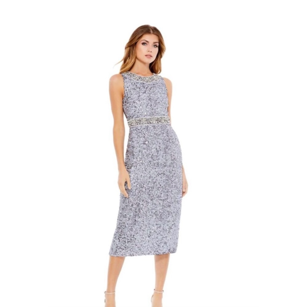 Mac Duggal Silver Sleeveless Midi Dress
